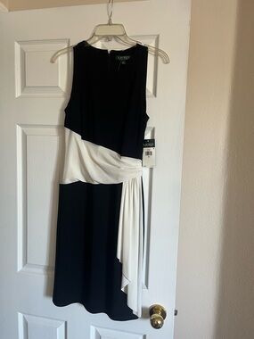 Ralph Lauren Black & White Asymmetrical Draped Sleeveless Dress